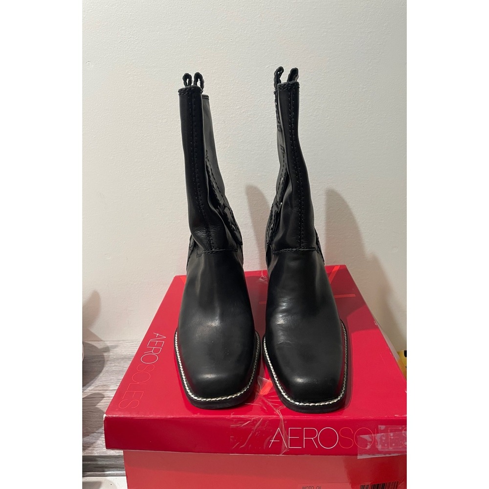 Aerosoles Moto Oil Black Leather Square Toe Block Heel Mid-Calf Boots Women 7.5M